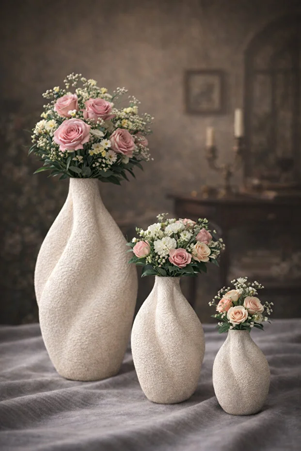 3’lü Modern Dokulu Seramik Gorunumlu Vazo Seti 19-15-10 cm | Minimal Ev Dekorasyon Çiçeklik